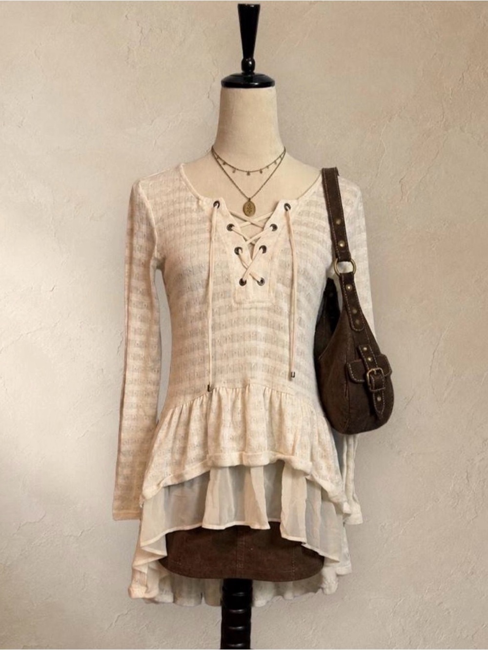 Maurices Cream Lace Up Knit Tunic Top Layered Ruffle Hem Boho Size S